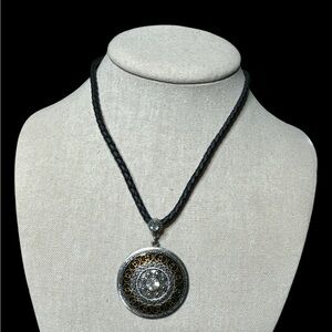 Silvertone Lia Sophia Round Silver Pendant withh Gold Enamel Necklace. (F-N)